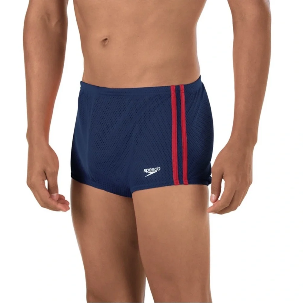 Speedo Navy Blue & Red Square Leg Poly Mesh Training Swimsuit Size 36